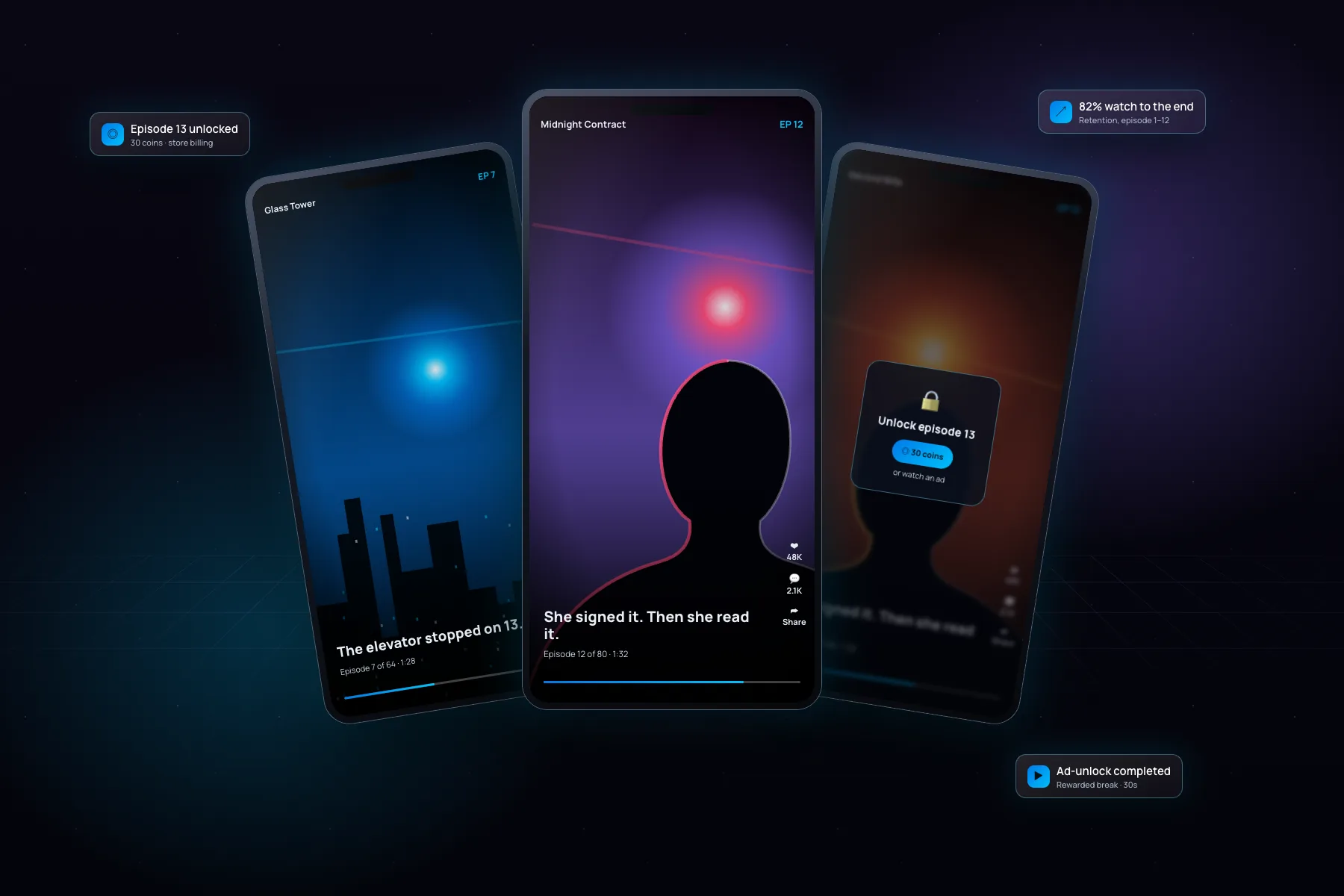 Phones playing vertical micro drama episodes.