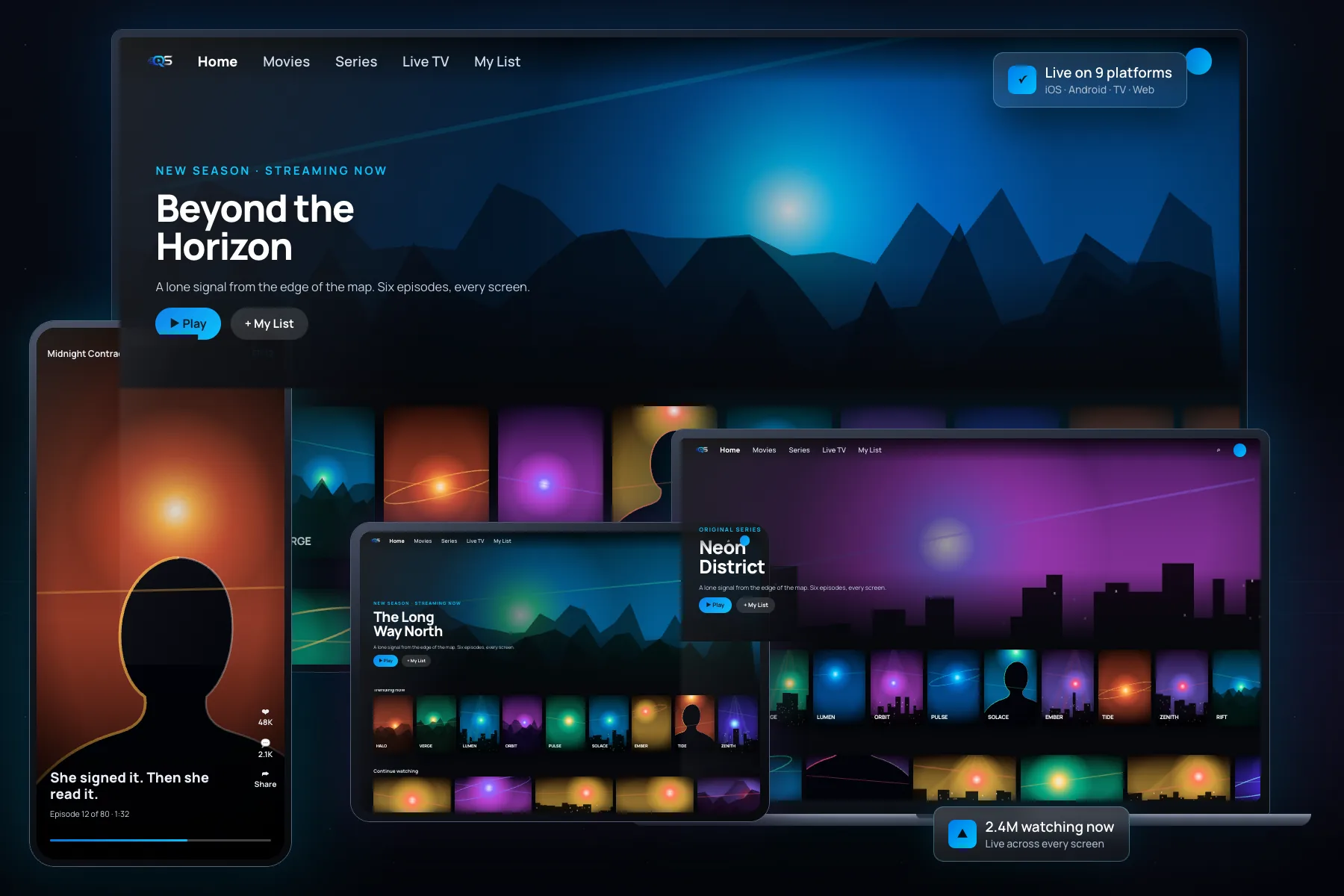 The same branded streaming app shown on a TV, a laptop and two phones.