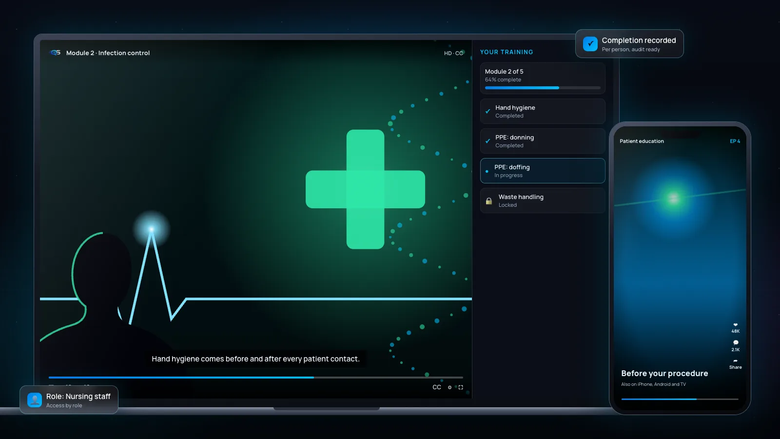 Healthcare content playing on a laptop and a phone.