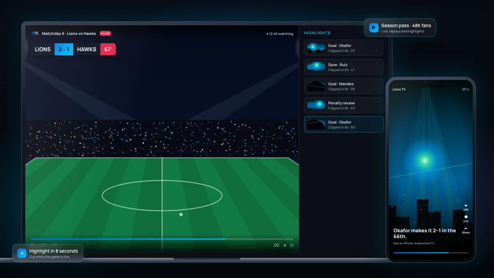 Sports Organizations content playing on a laptop and a phone.